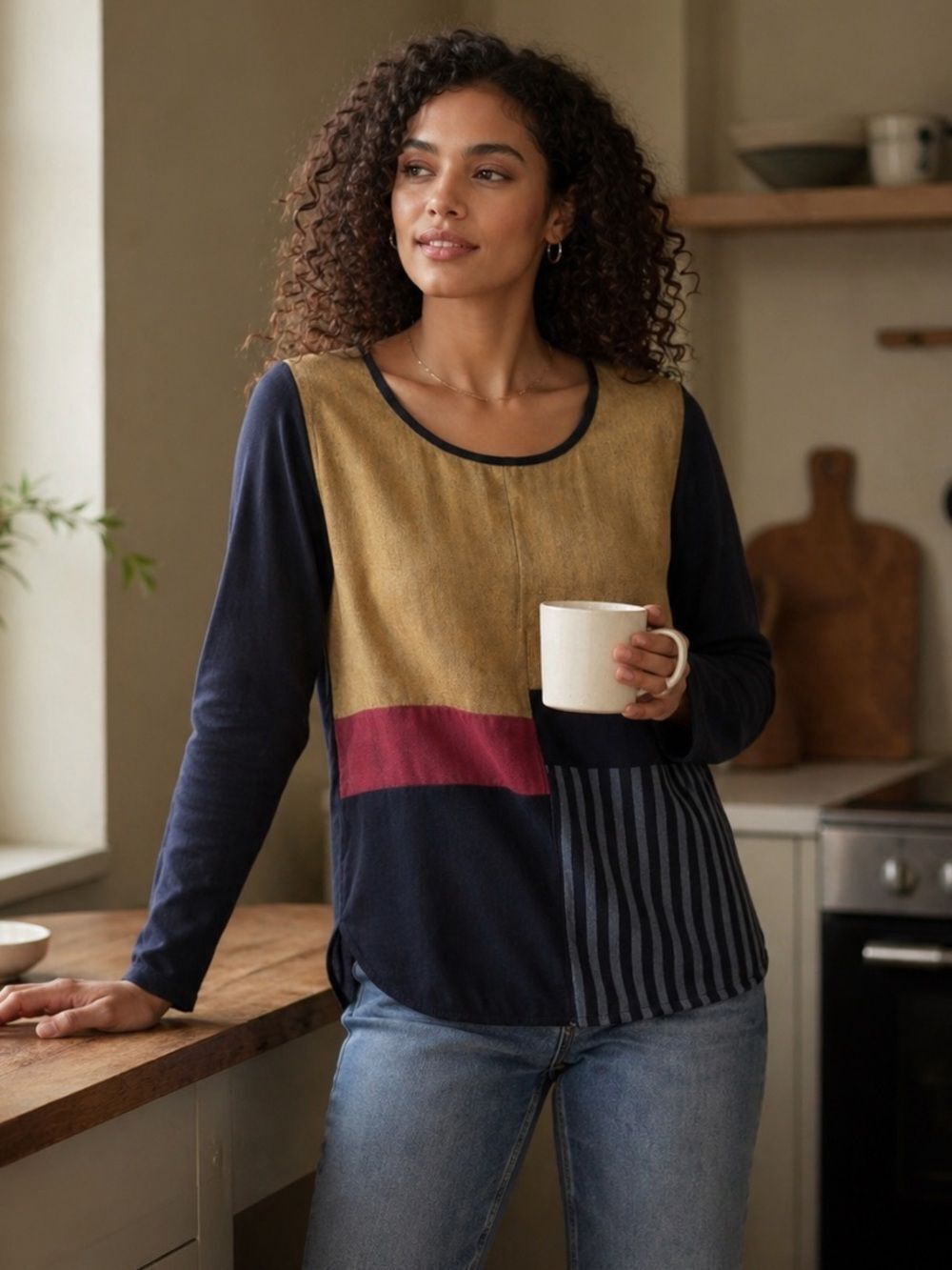 Khangura Colorblock Linen Blend Lagenlook Art Tunic Top Made USA Wm’s Sz Small